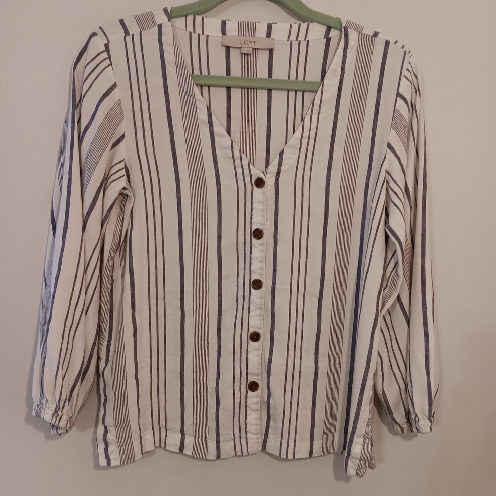 LOFT Womens Small Button Down Blouse Top Striped Long Sleeve Casual